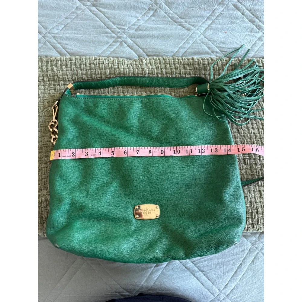 Michael Kors Green Pebbled Leather Hobo Bag Gold Chain Tassel Shoulder Bag